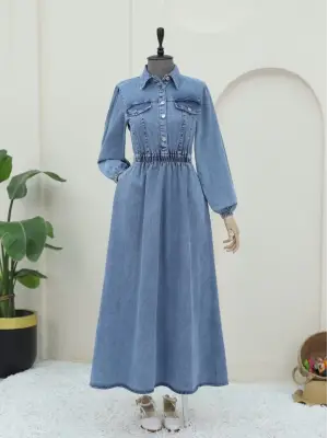 Omarı Yarım Düğmeli Buz Mavi Kot Elbise