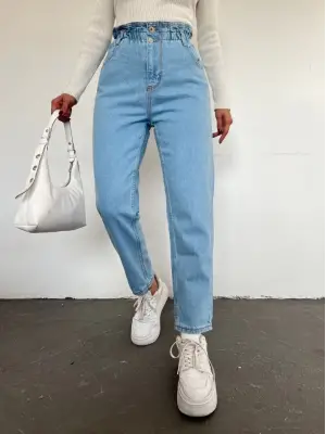 Omarı Yüksek Bel Kot Pantolon - Açık Mavi