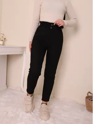 Beli Lastikli Yüksek Bel Kot Pantolon  -Siyah