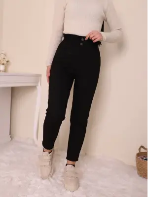 Omarı Yüksek Bel Kot Pantolon - Siyah