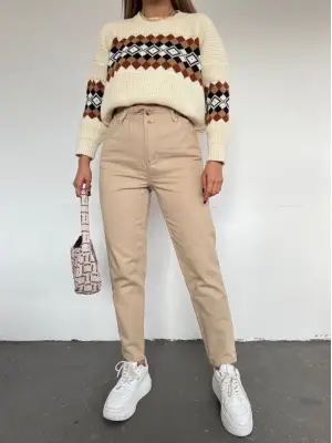 Beli Lastikli Yüksek Bel Kot Pantolon -Vizon