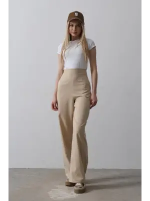 Camel Beli Yarım Lastikli Palazzo Pantolon