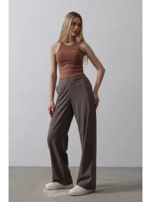 Kahve Beli Yarım Lastikli Palazzo Pantolon