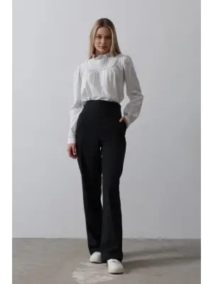 Omarı Yüksek Bel Lastikli Palazzo Pantolon - Lacivert