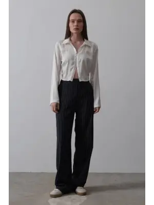 Omarı Yarım Lastikli Palazzo Pantolon - Lacivert-Beyaz