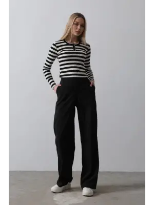 Omarı Yüksek Bel Palazzo Pantolon - Siyah