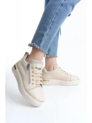 Benorra Bağcıklı Fermuarlı Rahat tabanlı ayakkabı Tabaan Bayan Spor tabanlı ayakkabı Spor Ayakkabı  CKısa Topuk - Krem/Altın