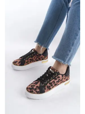 Benorra Bağcıklı Rahat tabanlı ayakkabı Tabaan Leopar Desenli Bayan Spor tabanlı ayakkabı Spor Ayakkabı  TBT - Kahverengi