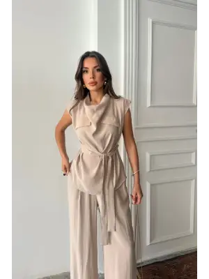 Benorra MODAL KOLSUZ BLUZ KAPALI CEP DETAYLI DÖKÜMLÜ - PANTOLON TAKIM - Bej