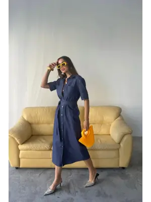 Benorra ÖNDEN DÜĞMELİ KISA KOL ELBİSE - Mavi