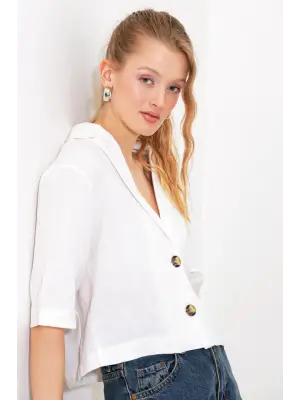 Beyaz Çift Düğmeli Oversize Crop Keten Ceket 0706