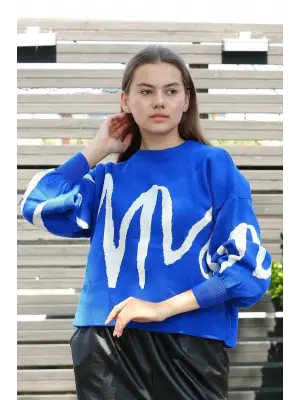 Beyaz Çizgili Bisiklet Yaka Kazak Kadın Giyim