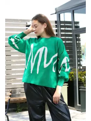 Beyaz Çizgili Bisiklet Yaka Kazak Kadın Giyim