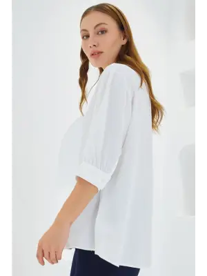 Beyaz Gömlek Yaka Saten Bluz 0493