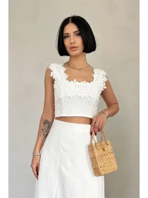Beyaz Güpürlü Crop Etek Takım