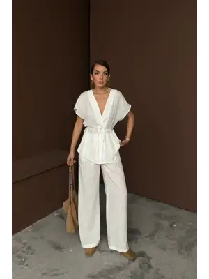 Omarı Keten V Yakalı Belden Bağlamalı Takım - Beyaz