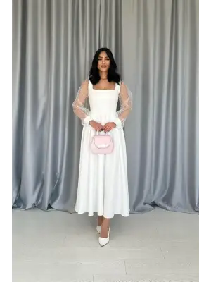 Omarı Organze Kuplu Beyaz Elbise