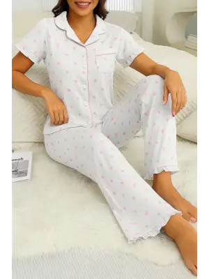 Omarı Mini Kalp Desenli Beyaz Pijama Takımı