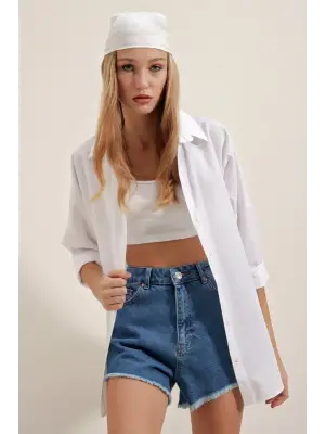 Beyaz Oversize Uzun Basic Gömlek 3900
