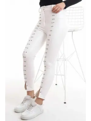 Zarif Beyaz Taş İşlemeli Deri Tayt