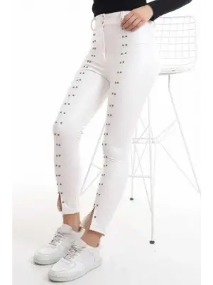 Beyaz Taş İşlemeli Deri Tayt