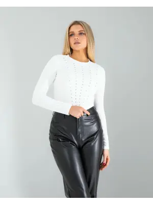 Omarı Beyaz Kristal Detaylı Bayan Body