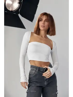 Omarı Feminen Tarzda Uzun Kollu Crop - Beyaz