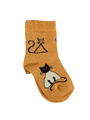 Omarı Organik Kedi Desenli Yüksek Bel Çorap - Hardal