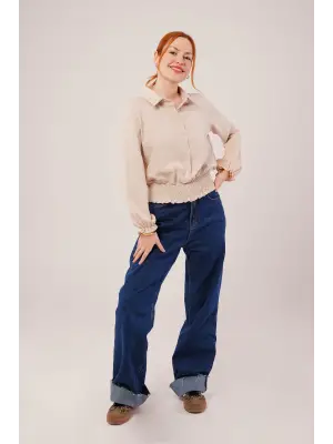 Omarı Şık Bej Renkli Lastikli Bluz