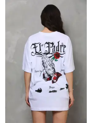 Omarı Bisiklet Desenli Oversize Yaka T-Shirt - Beyaz