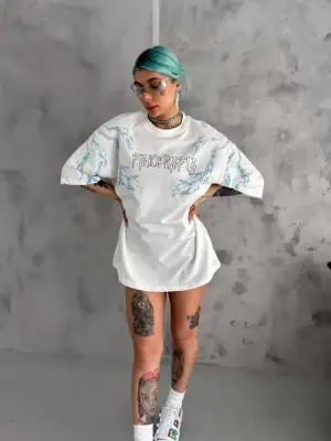 Omarı Trendy Oversize Bisiklet Yaka Baskılı T-Shirt