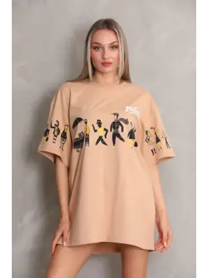 Omarı Bisiklet Desenli Oversize T-Shirt - Bej