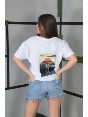 Omarı Beyaz Oversize Baskılı Bisiklet Yaka T-Shirt