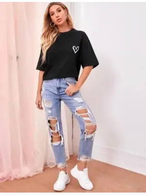 Bisiklet Yaka Baskılı Oversize T-Shirt - Siyah