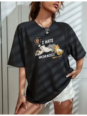 Omarı Siyah Oversize Bisiklet Yaka Baskılı T-Shirt