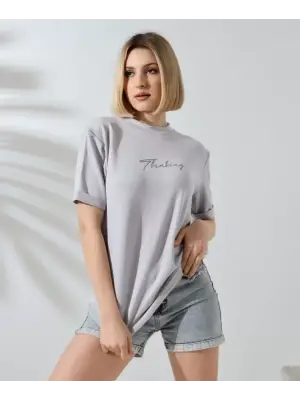 Omarı Unisex Bisiklet Yaka Baskılı Slim Fit T-Shirt - Trendy Gri