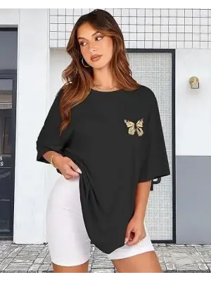 Bisiklet Yaka Baskılı T-shirt - Siyah