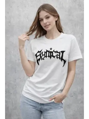 Bisiklet Yaka Ön Baskılı Kısa Kollu Tişört Streetwear Günlük Basic Pamuklu T-shirt - Beyaz
