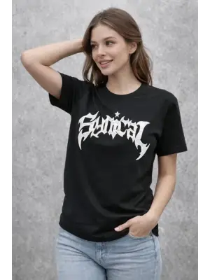 Bisiklet Yaka Ön Baskılı  Kısa Kollu Tişört Streetwear Günlük Basic Pamuklu T-shirt - Siyah