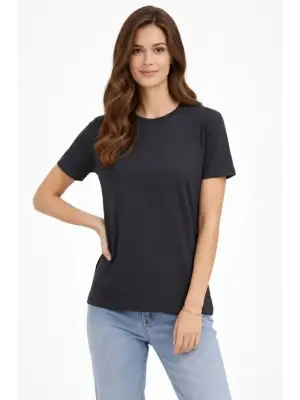 Bisiklet Yaka Tişört Regular Kalıp Basic Pamuklu Günlük Kullanım T-shirt - Füme