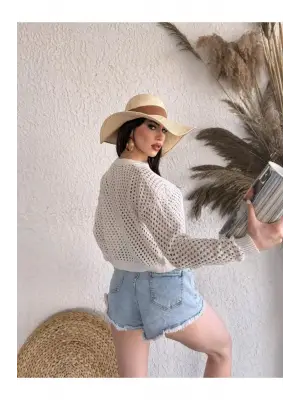 Bisiklet Yaka Triko Delıklı Kazak - KREM