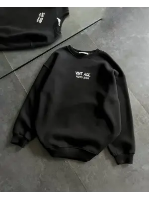 Bisiklet Yaka Üç İplik Baskılı Oversize SweatShirt - Siyah