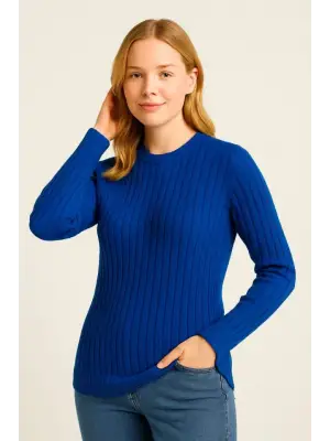 Bisiklet Yuvarlak Yaka Triko Kazak Pamuklu Kalın Fitilli Dokuma, Regular Fit Uzun Kollu Kışlık Model - Saks Mavisi