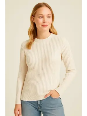 Bisiklet Yuvarlak Yaka Triko Kazak Pamuklu Kalın Fitilli Dokuma, Regular Fit Uzun Kollu Kışlık Model - Bej