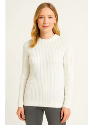 Bisiklet Yuvarlak Yaka Triko Kazak Pamuklu Kalın Fitilli Dokuma, Regular Fit Uzun Kollu Kışlık Model - Beyaz