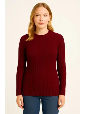 Bisiklet Yuvarlak Yaka Triko Kazak Pamuklu Kalın Fitilli Dokuma, Regular Fit Uzun Kollu Kışlık Model - Bordo