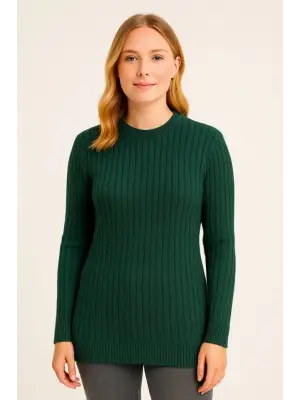 Bisiklet Yuvarlak Yaka Triko Kazak Pamuklu Kalın Fitilli Dokuma, Regular Fit Uzun Kollu Kışlık Model - Haki