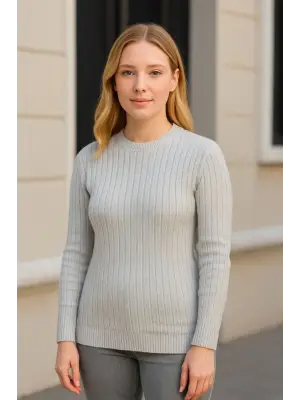 Bisiklet Yuvarlak Yaka Triko Kazak Pamuklu Kalın Fitilli Dokuma, Regular Fit Uzun Kollu Kışlık Model - Gri