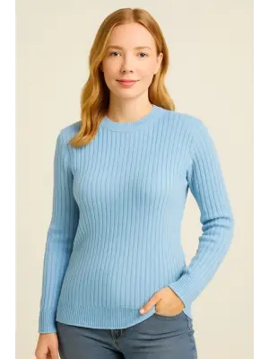 Bisiklet Yuvarlak Yaka Triko Kazak Pamuklu Kalın Fitilli Dokuma, Regular Fit Uzun Kollu Kışlık Model - Bebe Mavisi