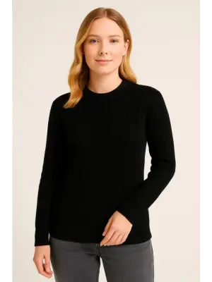 Bisiklet Yuvarlak Yaka Triko Kazak Pamuklu Kalın Fitilli Dokuma, Regular Fit Uzun Kollu Kışlık Model - Siyah